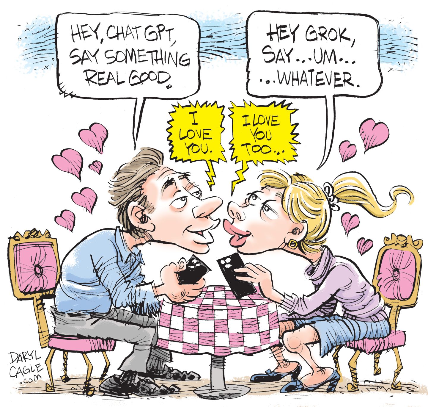 
                                A man and a woman in love are seated at a table. They are surrounded by hearts and both hold their phones. The man says, “Hey, ChatGPT, say something real good.” The woman says, “Hey Grok, say um, whatever.” The phones say, “I love you” and “I love you too.”
                            
