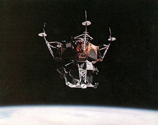 The lunar module in the middle of testing during the Apollo 9 mission in March 1969.