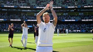 England cricket captain Ben Stokes applauds his team's support after winning the Boxing Day Test at the MCG.