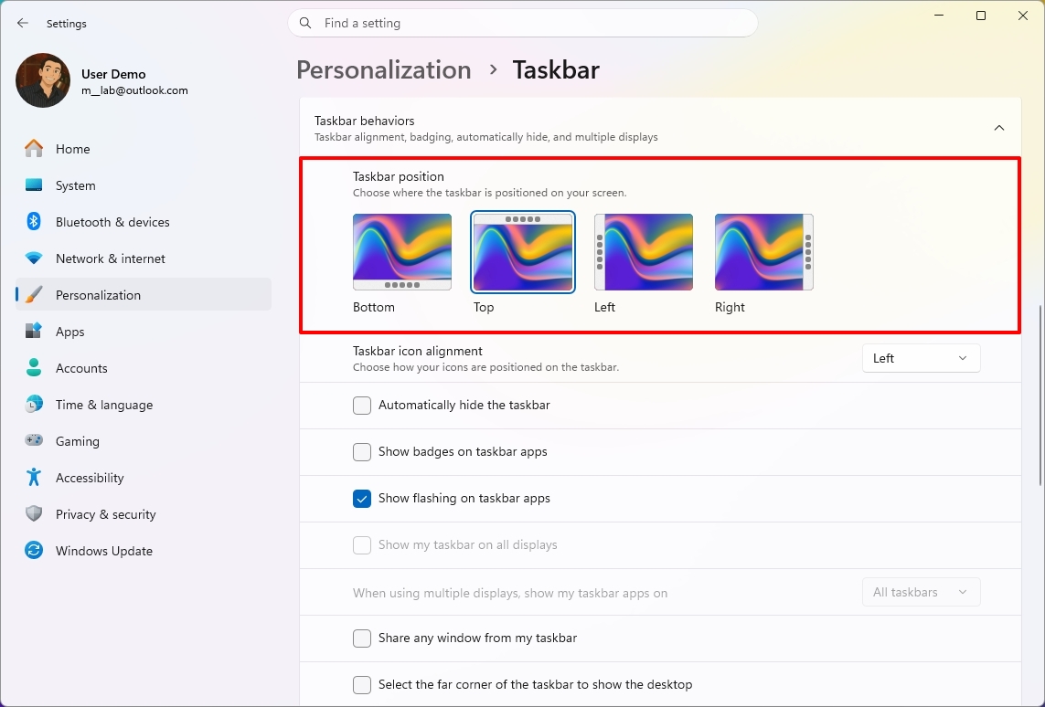 Settings app on taskbar page that highlights taskbar position settings.