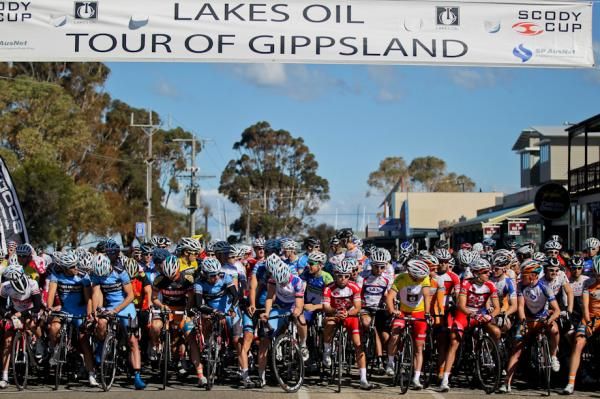 The peloton awaits the start of the final stage at the Tour of Gippsland.