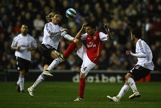 DERBY, UNITED KINGDOM - APRIL 28: Robbie Savage of Derby County challenges Cesc Fabregas of Arsenal during the Barclays Premier League match between Derby County and Arsenal at Pride Park on April 28, 2008 in London, England. (Photo by Ryan Pierse/Getty Images)