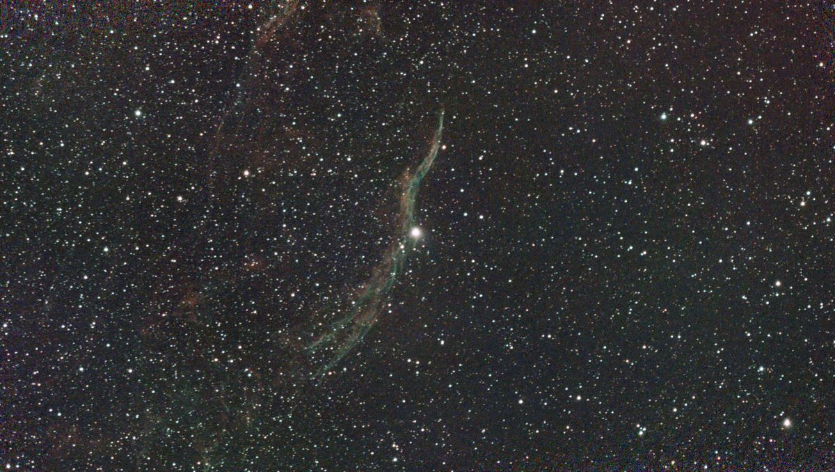 A photograph of the West Veil Nebula taken with the Dwarf III smart telescope, unprocessed