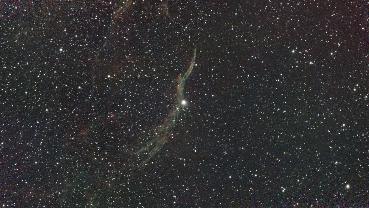 A photograph of the West Veil Nebula taken with the Dwarf III smart telescope, unprocessed