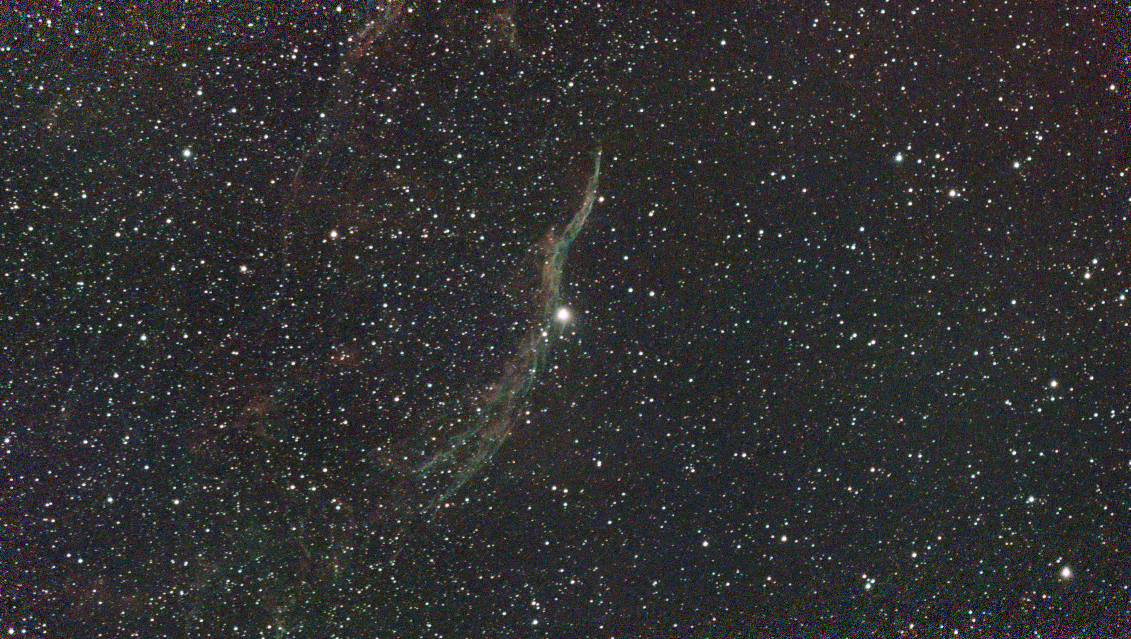 A photograph of the West Veil Nebula taken with the Dwarf III smart telescope, unprocessed