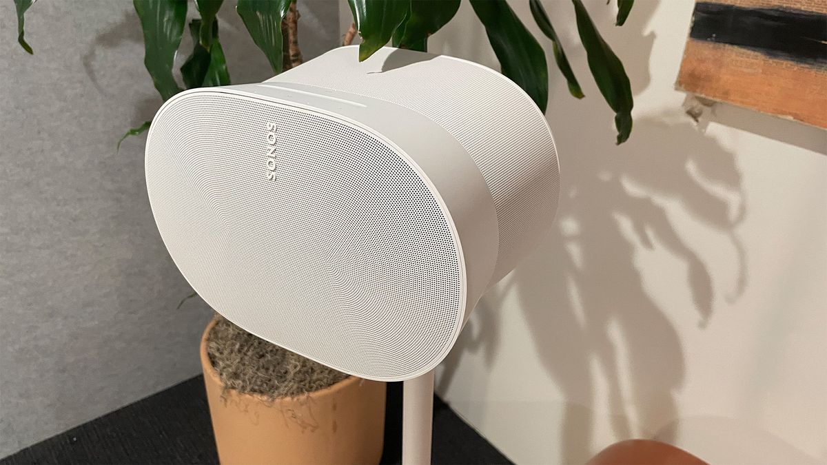 A white Sonos Era 300 smart speaker on a stand. A plant is visible in the background.