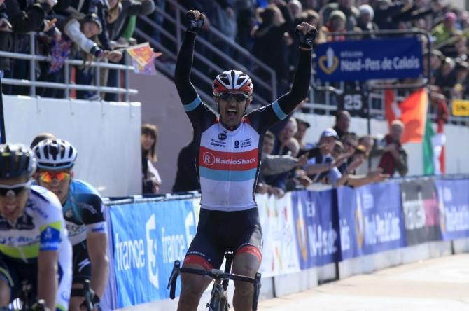 Fabian Cancellara (RadioShack) crosses the line at Paris-Roubaix