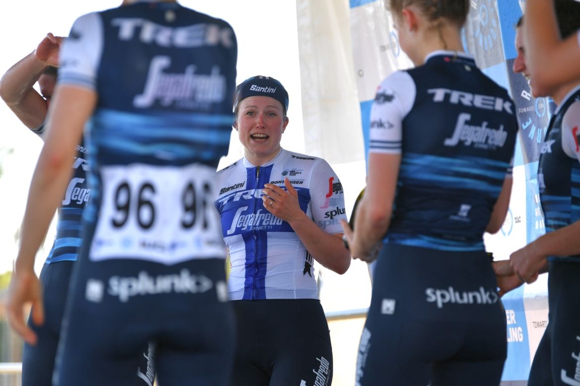 Lotte Lepisto and her Trek-Segafredo teammates on the podium