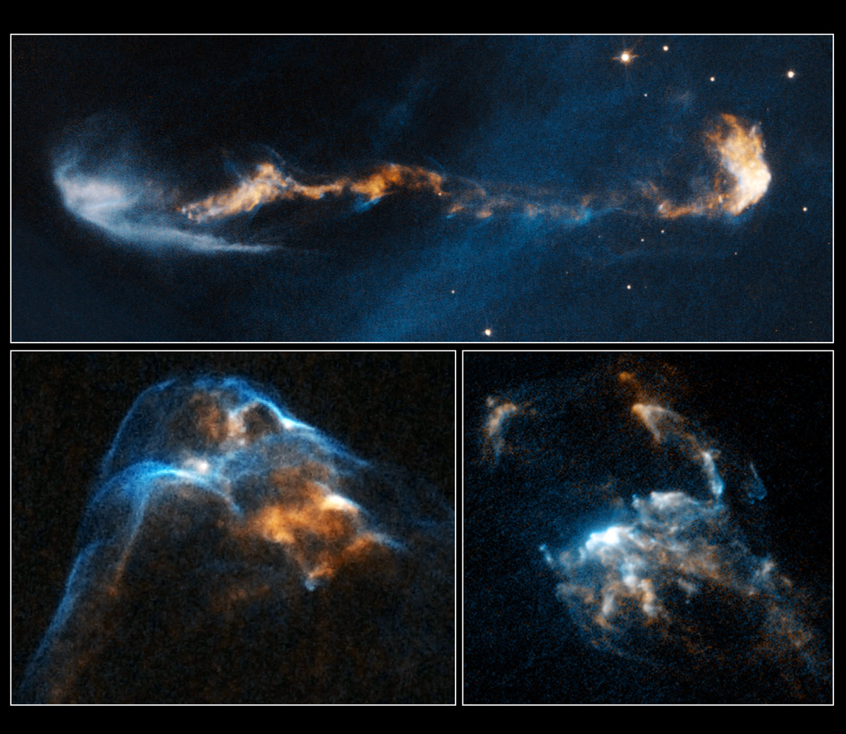 The glowing, clumpy streams of material shown in these NASA/ESA Hubble Space Telescope images are the signposts of star birth.