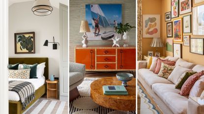 three images of rooms with artwork on the walls to support interior design advice on where to hang artwork