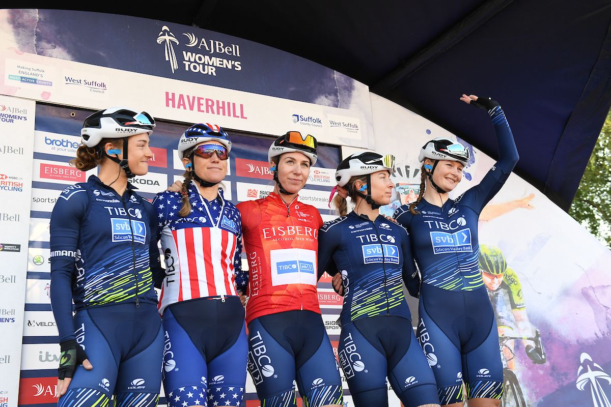 Picture by Simon Wilkinson/SWpix.com - 07/10/2021 - Cycling - AJ Bell Women's Tour of Britain - Stage Six: Haverhill to Felixstowe, England - Lauren Stephens, Veronica Ewers, Nicole Frain, NIna Kessler (sprint classification leader) and Abi Smith of Team TIBCO Silicon Valley before the start of stage six