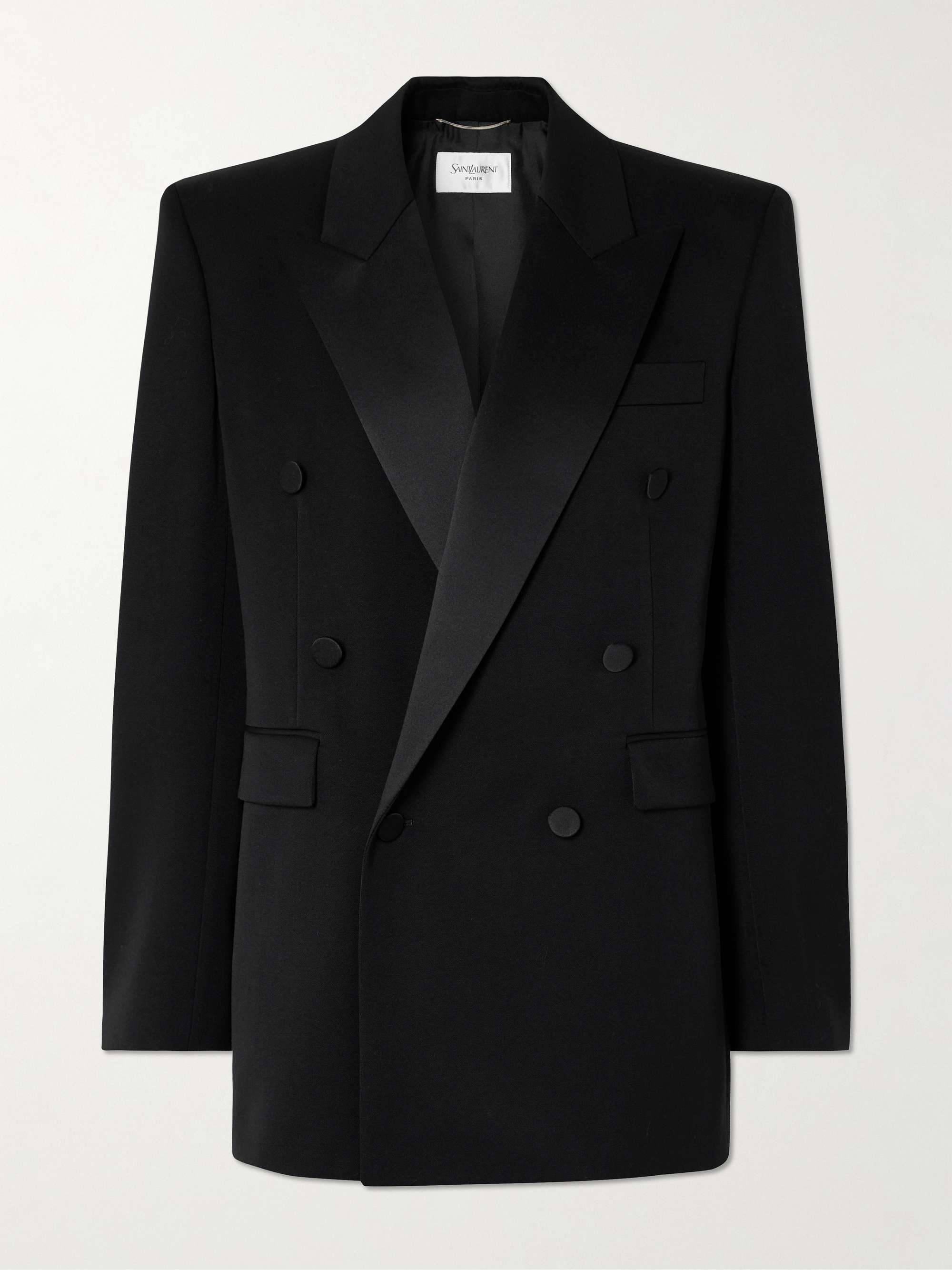 Double-Breasted Satin-Trimmed Wool Blazer