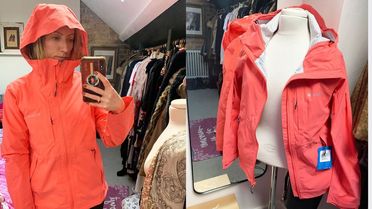 person wearing pink waterproof columbia jacket