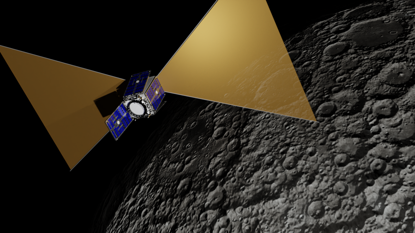 An illustration of a boxy satellite viewing the surface of the moon from space
