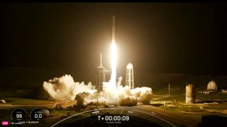 A SpaceX Falcon 9 rocket carrying four private astronauts on Polaris Dawn launches into the predawn sky over NASA's Pad 39A at the Kennedy Space Center on Sept. 10, 2024