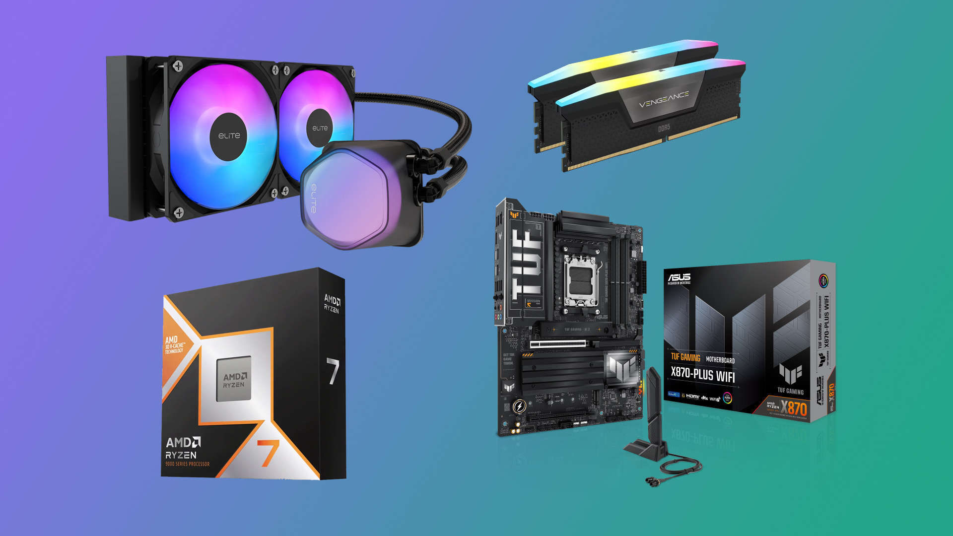 Deals post feature image for a combo including the AMD Ryzen 7 9800X3D, Asus TUF X870E-Plus Wi-Fi 7 motherboard, 32GB of Corsair Vengeance RGB DDR5-6000 RAM and a 240mm Cooler Master AIO liquid cooler