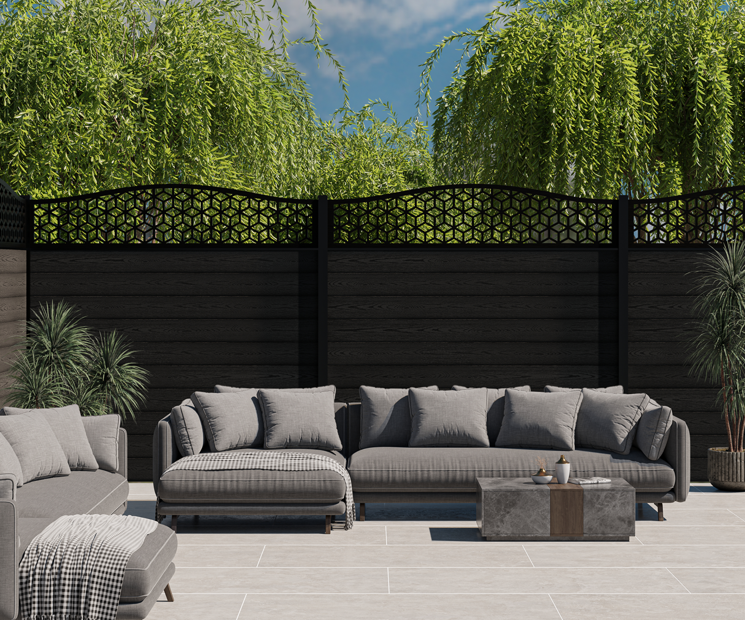 modern patio area with black fence and decorative trellis along the top