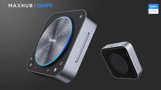 The Zoom-Certified UC BM35 Bluetooth speakerphone from MAXHUB is shown, angled to showcase its features.