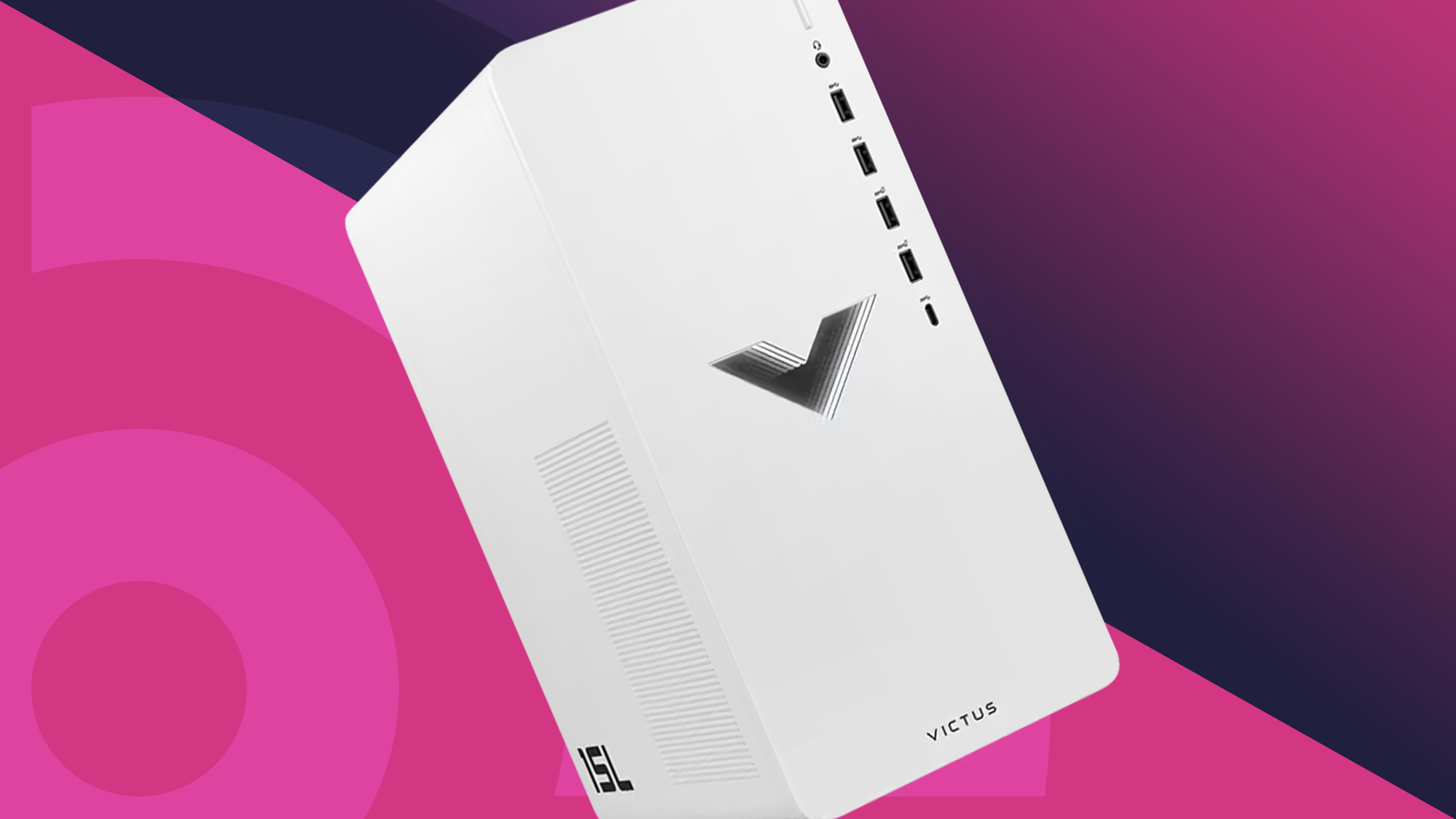 An HP Victus 15L, the best budget gaming PC pick overall, against a pink techradar background