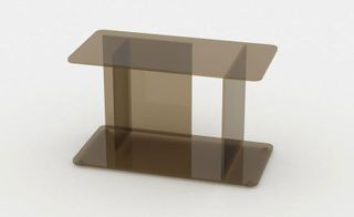 Glass table by Matthew Hilton for Case. A tinted glass table with a bottom shelf.