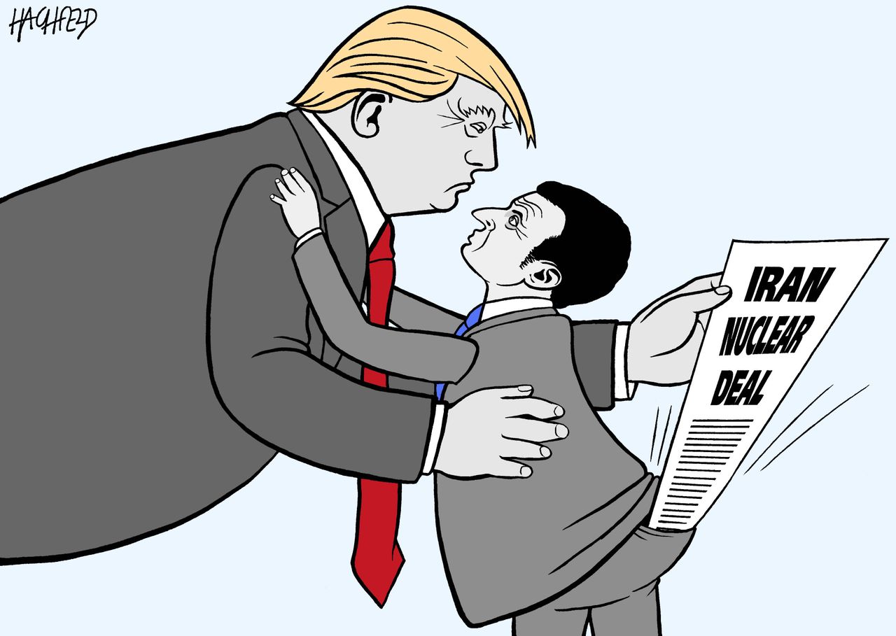 Political cartoon U.S. Trump Macron Iran nuclear deal