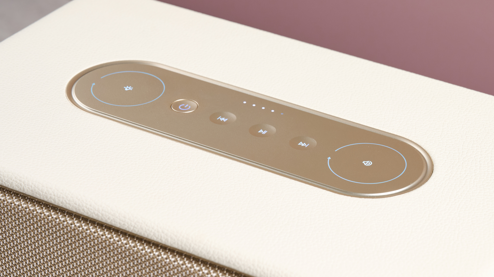 A closeup of the touch controls on top of the Edifier ES300.