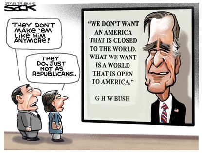 Political cartoon U.S. George H.W. Bush death world open to America Republican