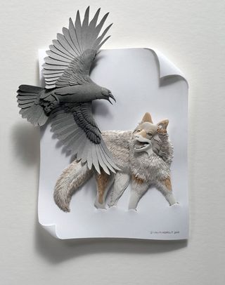 Calvin Nicholls Paper Art - crow and wolf