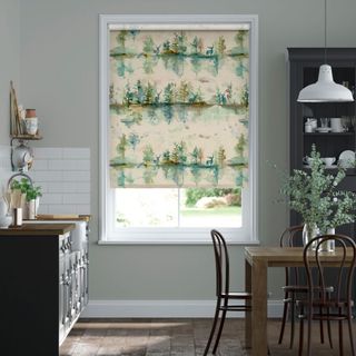 kitchen with grey shelves and curtain