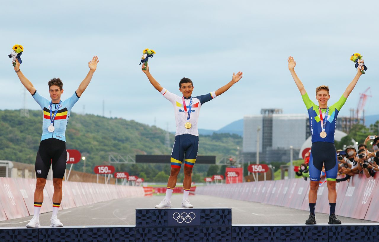 Tokyo Olympics men&#039;s road race podium: (l-r) Wout van Aert, Richard Carapaz, Tadej Pogačar