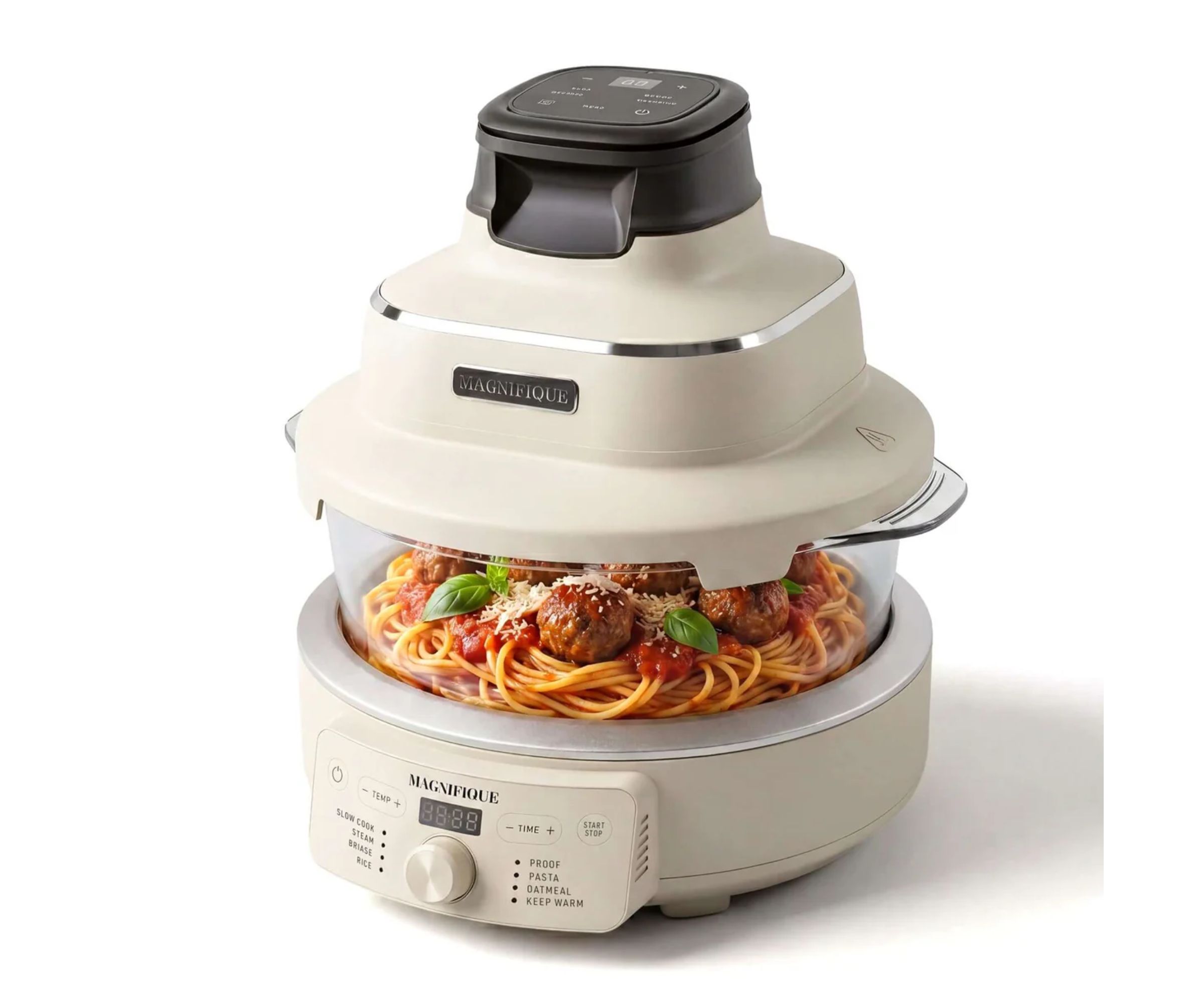 A glass air fryer with a cream base and top.