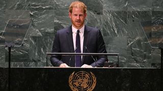 Prince Harry, Duke of Sussex, delivers the keynote address during the 2020 UN Nelson Mandela Prize award ceremony at the United Nations in New York on July 18, 2022.