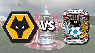 Wolves vs Coventry football club logos over an image of the FA Cup Trophy