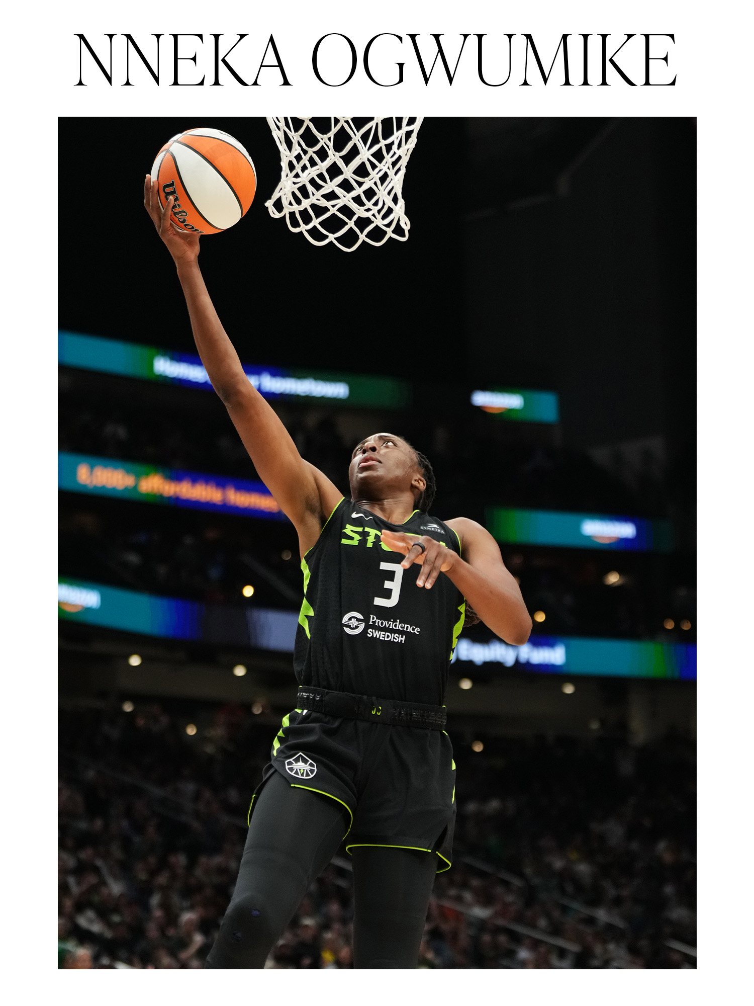 Nneka Ogwumike #3 of the Seatttle Storm drives to the basket during the game against the Connecticut Sun during a WNBA Game on June 27, 2025 at Climate Pledge Arena in Seattle, Washington.
