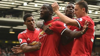 Belgium striker Romelu Lukaku celebrates scoring a goal for Manchester United 