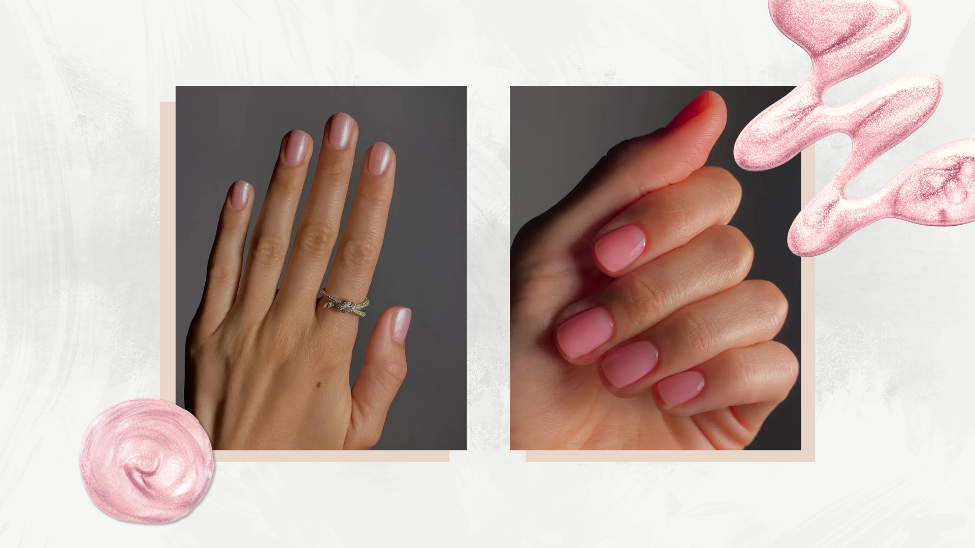 A collage featuring two hands with sheer pink manicures, one with a shimmer and the other with a glassy finish, both created by nail artist Mateja Novakovic (@matejanova)/ in a grey and white template with two stock images of sparkly nail polishes.