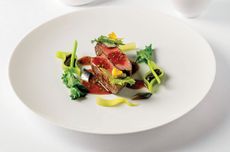 A5 Wagyu from Gunma Prefecture, Japan, with celtuce, shiso and fermented pepper at H&eacute;l&egrave;ne Darroze at the Connaught