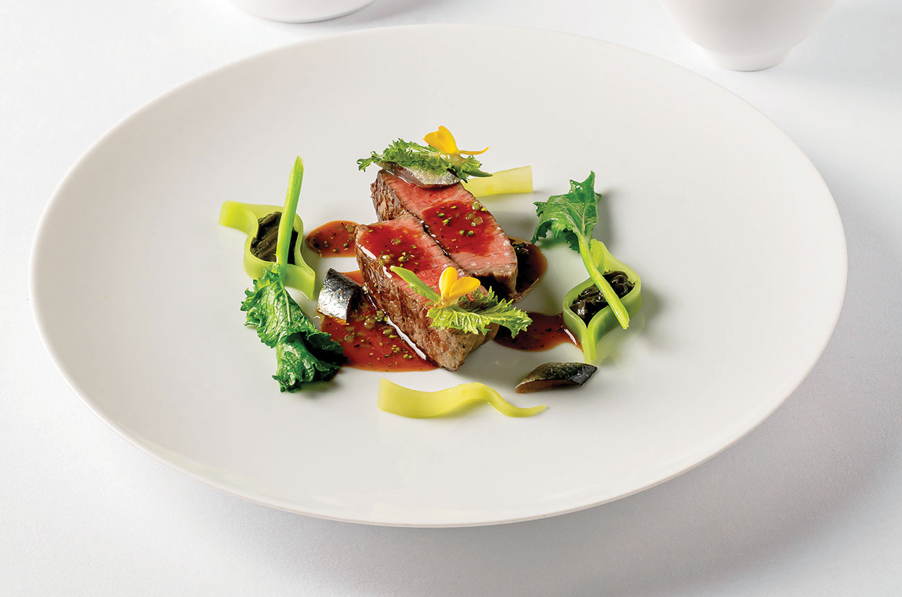 A5 Wagyu from Gunma Prefecture, Japan, with celtuce, shiso and fermented pepper at H&eacute;l&egrave;ne Darroze at the Connaught