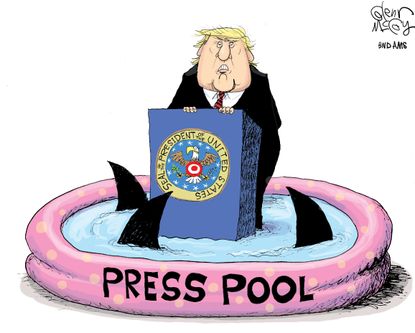 Political cartoon U.S. Trump communications News media sharks