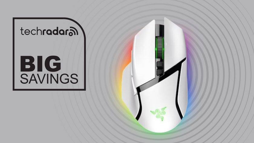 Razer Baslisk gaming mouse on grey background with big savings text overlay