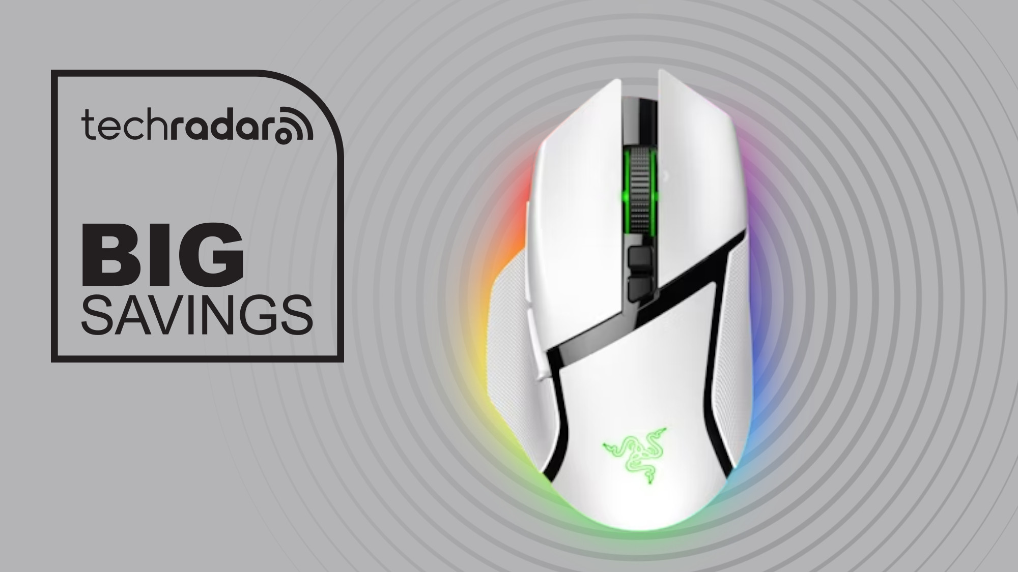 Razer Baslisk gaming mouse on grey background with big savings text overlay