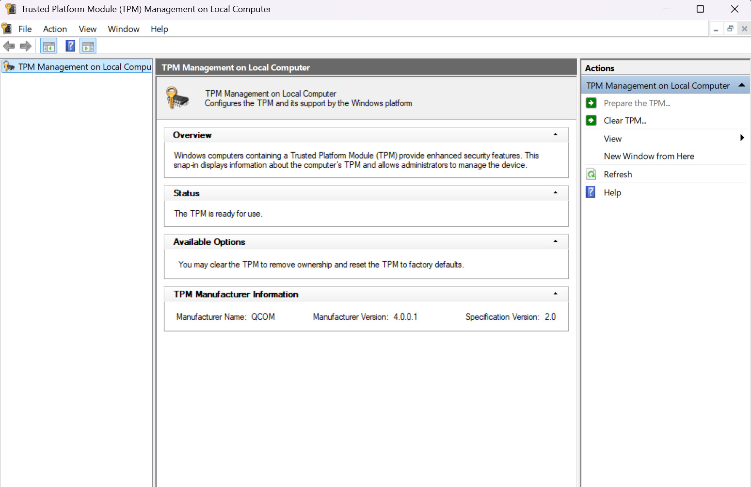 Screenshot of the Trusted Platform Module Management on a Windows computer. It displays TPM status, options, and manufacturer info. The sidebar shows actions.