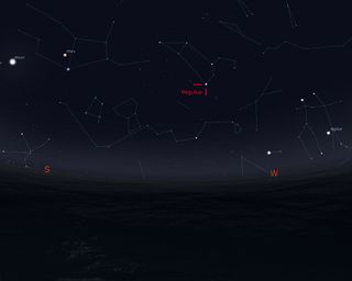 This Stellarium sky map shows the position of the star Regulus in the constellation Leo as it will appear in the southwestern sky, 90 degrees to the right of the moon, at 2 a.m. EDT on March 20, 2014. Regulus will appear roughly as high as the moon, and be the brightest star in the area.