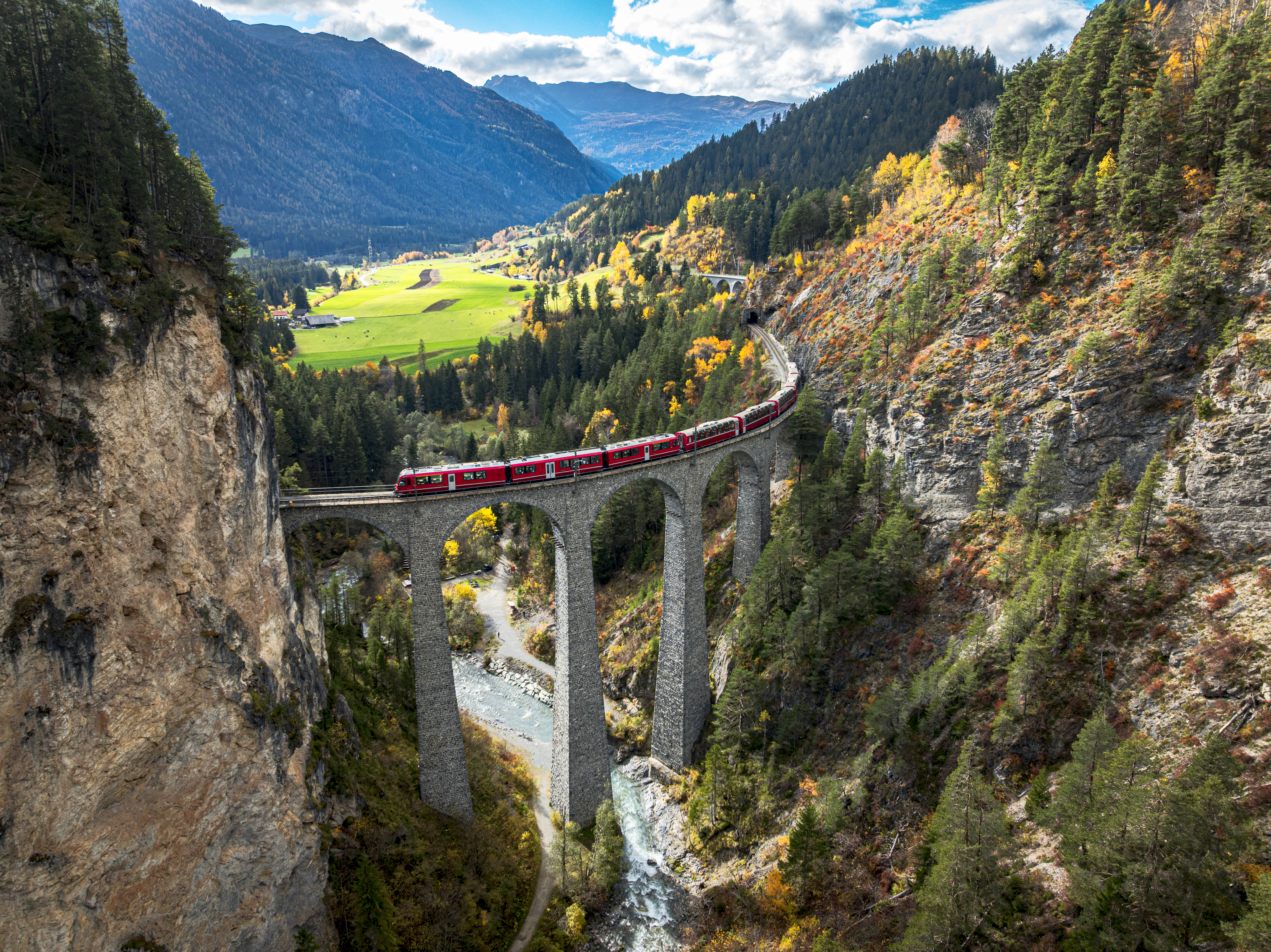 Red Bernina Express train on Landwasser Viaduct, Filisur, Graubunden, Switzerland.