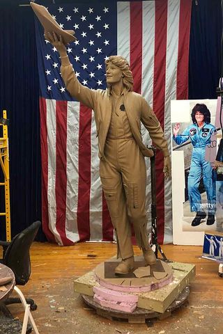 A clay mockup of "The First American Woman in Space" statue that will honor the late Sally Ride once unveiled on June 17, 2022 outside of the Cradle of Aviation Museum in Garden City, New York.