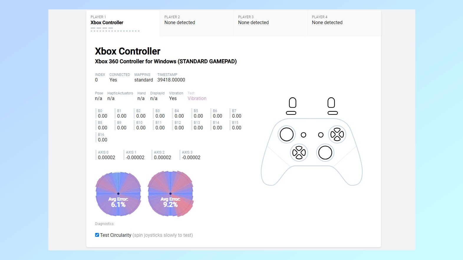 Una captura de pantalla que muestra los resultados del probador de gamepad de Hardware Tester para el controlador 8BitDo Ultimate