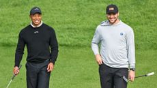 Tiger Woods and Josh Allen during the pro-am prior to The Genesis Invitational at Riviera Country Club on February 14, 2024