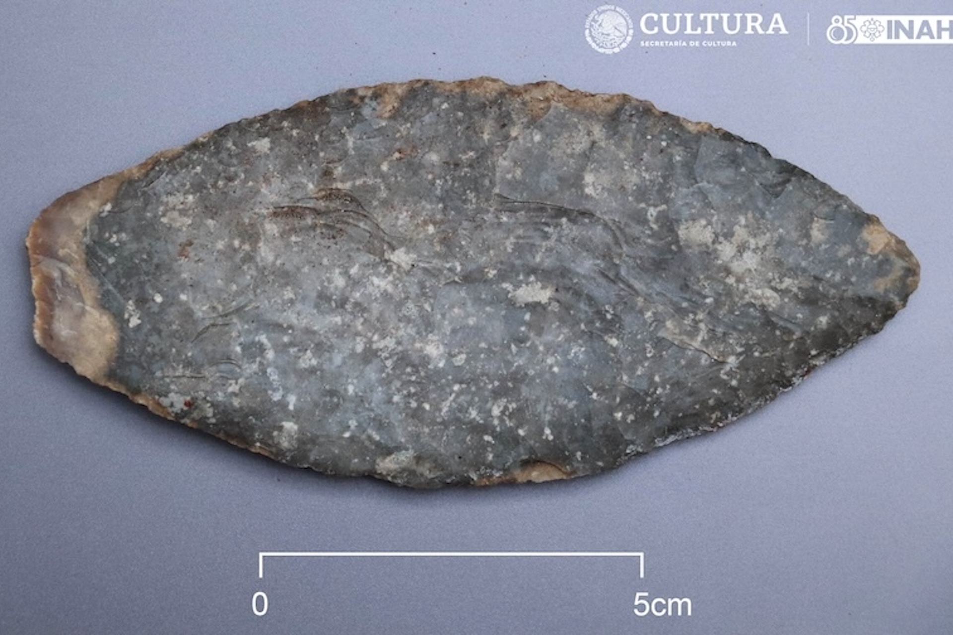 A flint knife or point in the shape of a diamond with two pointed edges and two rounded edges
