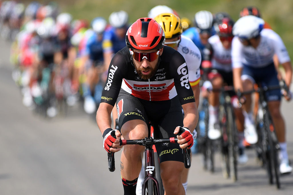 MANRESA SPAIN MARCH 26 Thomas De Gendt of Belgium and Team Lotto Soudal during the 100th Volta Ciclista a Catalunya 2021 Stage 5 a 2015km stage from La Pobla De Segur to Manresa 220m VoltaCatalunya100 on March 26 2021 in Manresa Spain Photo by David RamosGetty Images