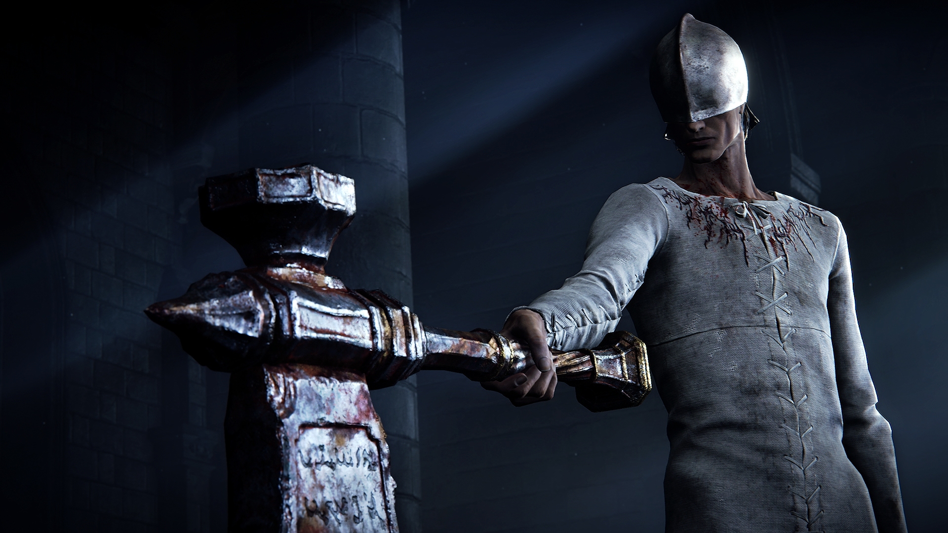 Bloodhand Jan (a playable character in The Duskbloods) raises his axe. He wears a metal helmet obscuring his eyes, and a white jacket coated in blood